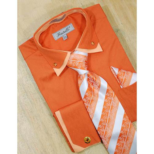 Fratello Orange/Peach Double Collar With Rhinestones And French Cuffs Shirt/Tie/Hanky Set With Free Cufflinks FRV4111P2